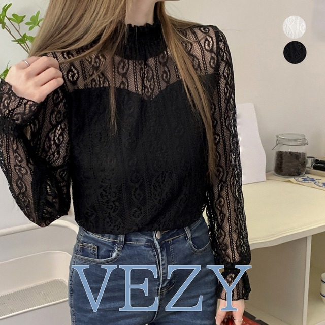 レース ブラウス プチハイネック 重ね着 フリル シアートップス 裏地付き レイヤードブラウス きれいめ 透けインナー 肌隠し 花柄トップス オシャレ シャツ ブラウス ベジー VEZY ItemNo.【18279922 】