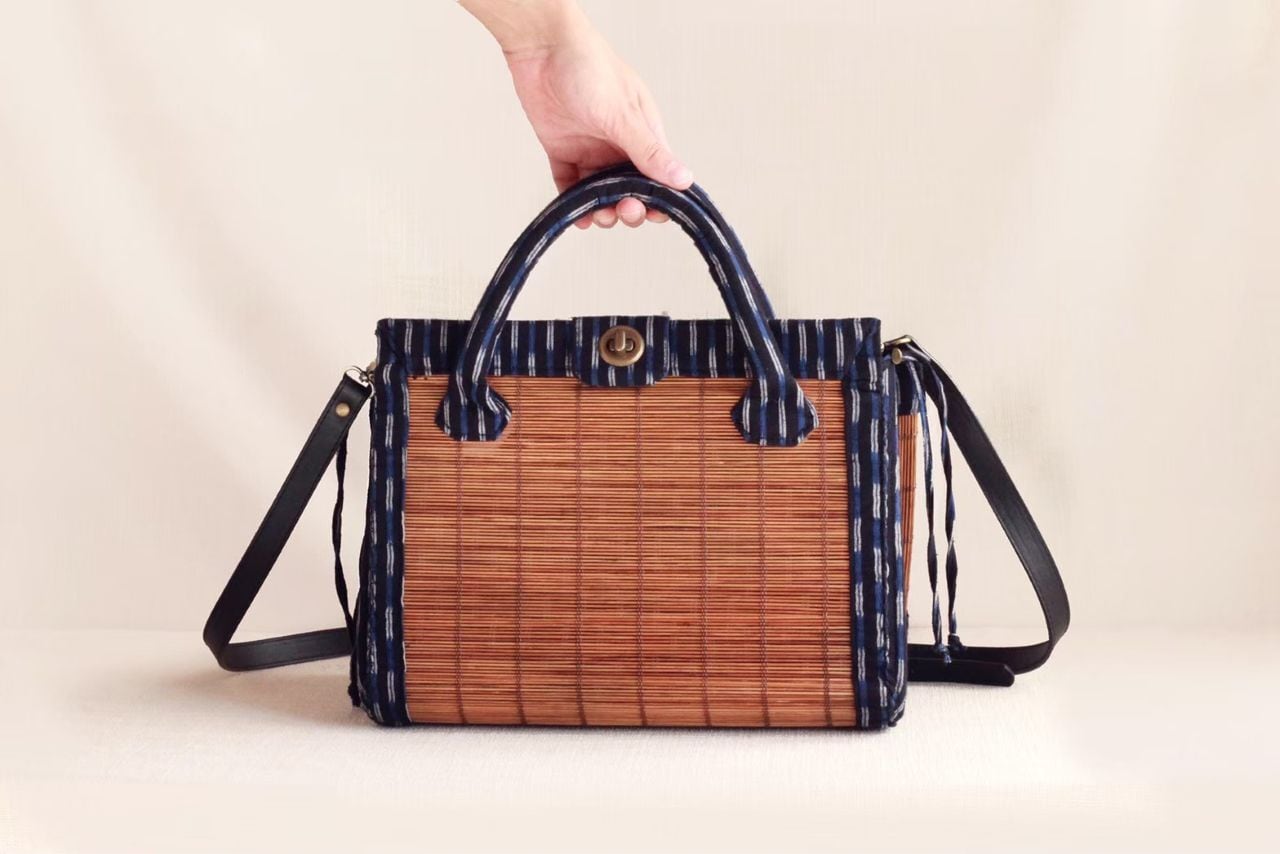 ハンドバッグ】すだれ着物バッグ 久留米絣×すだれ Mikan bag | 町家