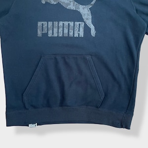 【PUMA】蛇柄 プーマ パーカー ロゴ プリントプルオーバー スウェット フーディー hoodie XL ビッグサイズ 袖 模様 切替 スポブラ 黒 us古着