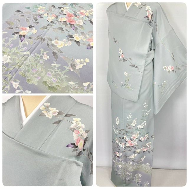 ますいわ屋 手描き友禅 訪問着 一つ紋 花柄 正絹 水色 黄緑 紫 1023 