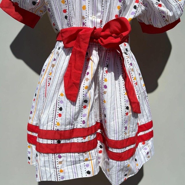 【KIDS】Vintage Handmade Ribbon Dress White × Red size: 100–120cm（3-5y）