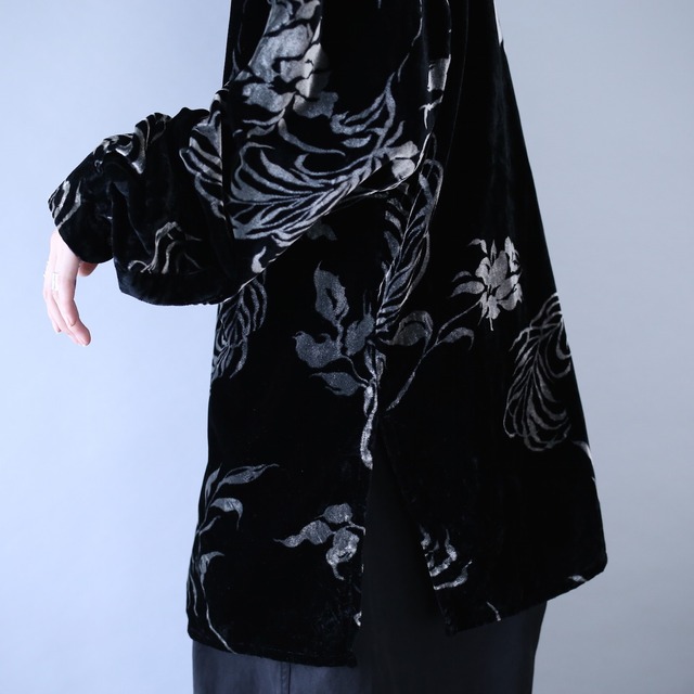 "DENIM&Co" 薔薇 motif pattern black velours mode shirt