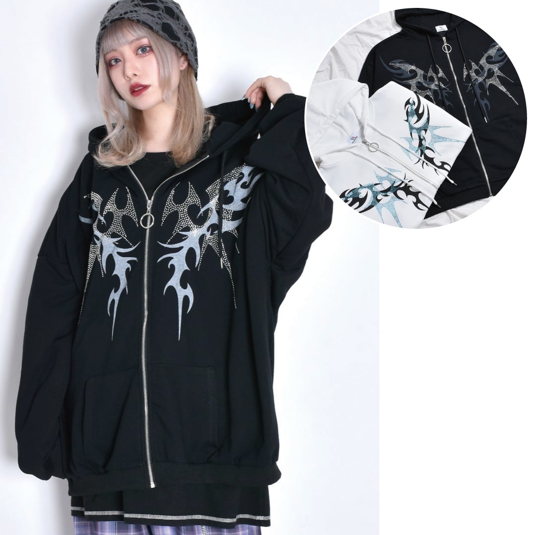 ラインストーン トライバルZIPパーカー