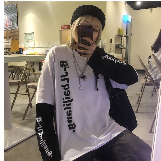 韓国 ファッション 原宿系 レディース 重ね着風 袖 ロゴ サブカル系 長袖 アメカジ 衣装 スケーター オルチャン 英文字 ストリート 韓国 Basecamp49