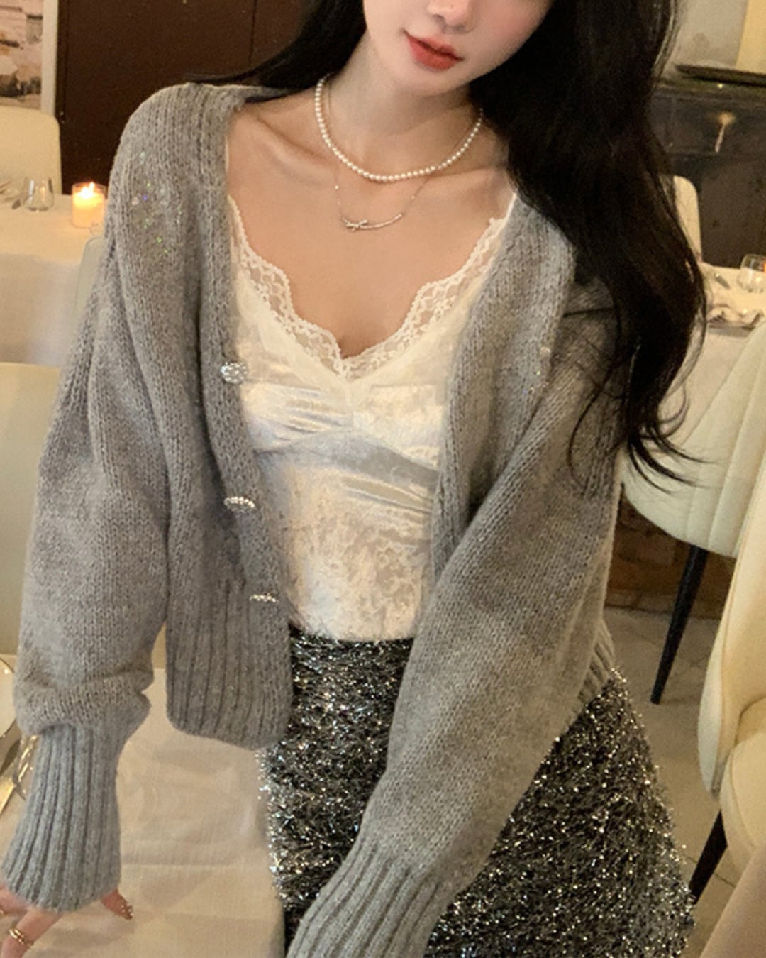 ビジュ付きラメボタンカーディガン l5104