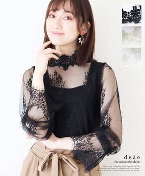 【再入荷3/16】トップス カットソー チュール 花レース シアー レディース 長袖 フェミニン カジュアル 上品 きれいめ 綺麗め ブラック クリーム ホワイト 30代 40代 50代 60代da10124