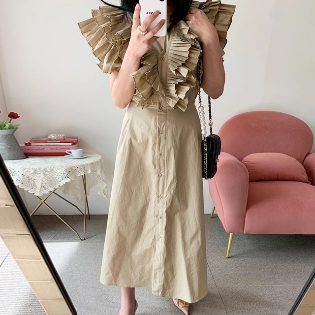 415 Vネックフリルコットンワンピース Petitmignon Store