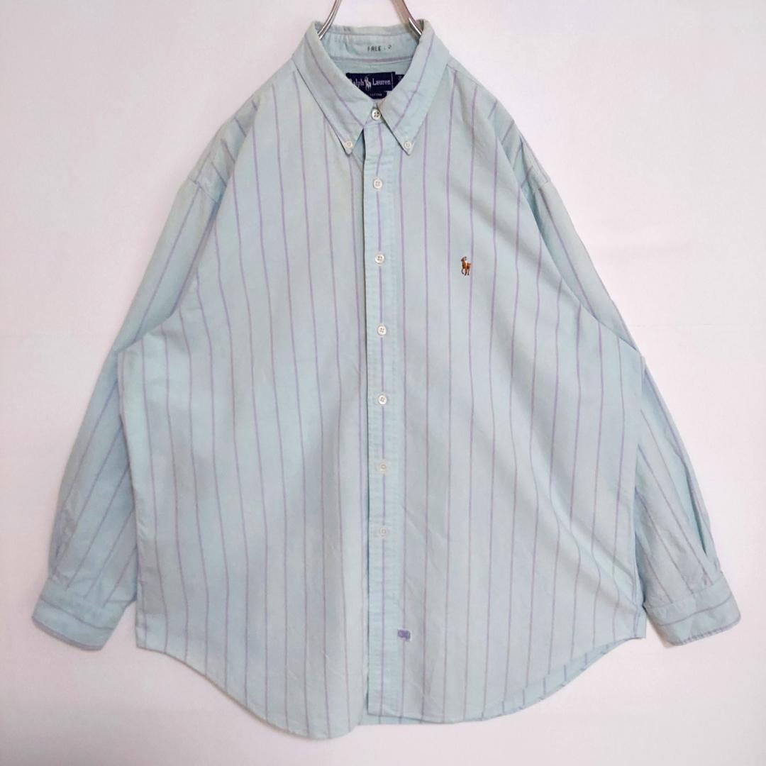 90s ラルフローレン BDストライプシャツ 刺繍ポニー XL ブルー 青 紫