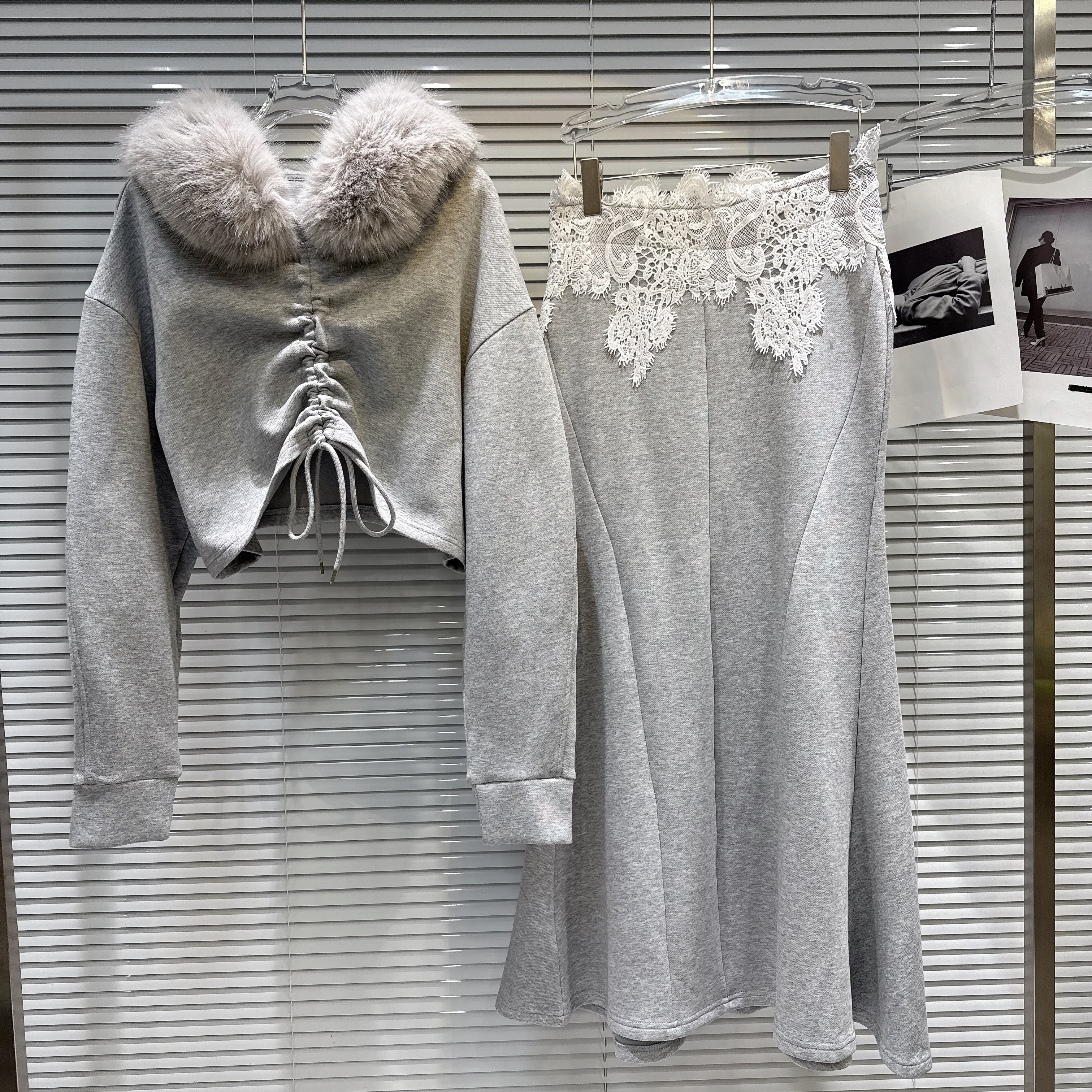 【set】2WAYフードファーパーカー×マーメイドスカートセット N3480