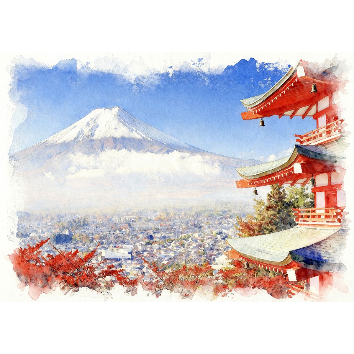 絵画 日本 山梨県新倉山浅間公園 五重塔越しの富士山? インテリア 
