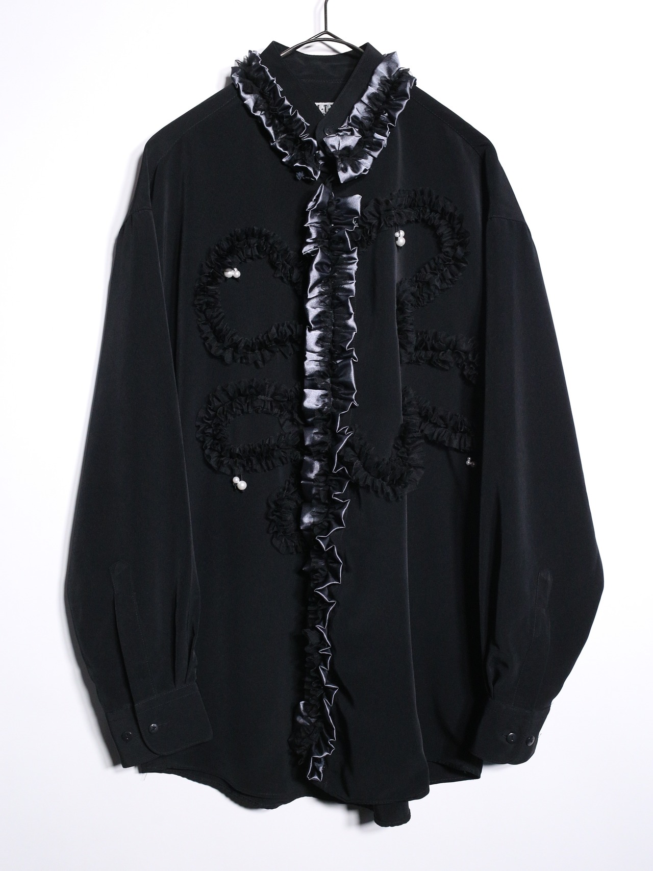 REMAKE / satin lace frills and bees custom dress shirt - 7