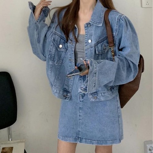 デニムジャケット デニムスカート 上下セット ブラック ライトブルー ミニ丈 ショート丈 ルーズ オーバーサイズ ゆったり 大きいサイズ デニムジャケット デニムスカート 上下セット カジュアル