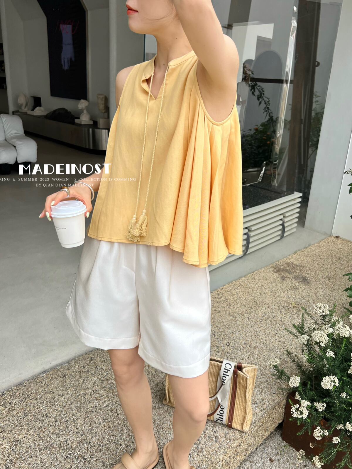 Reine Mode】裾フレア リボン ノースリーブ フレア ブラウス トップス