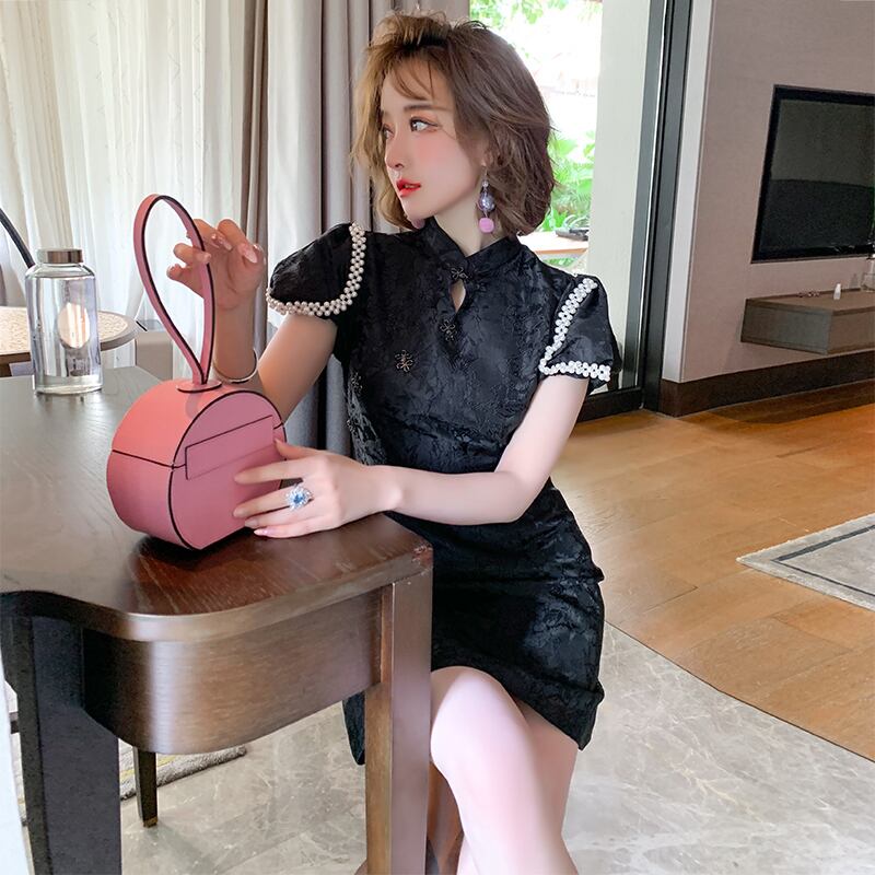 スタンダードカラースタンドカラースリーブウェストドレス レトロ MIUCO11427660984