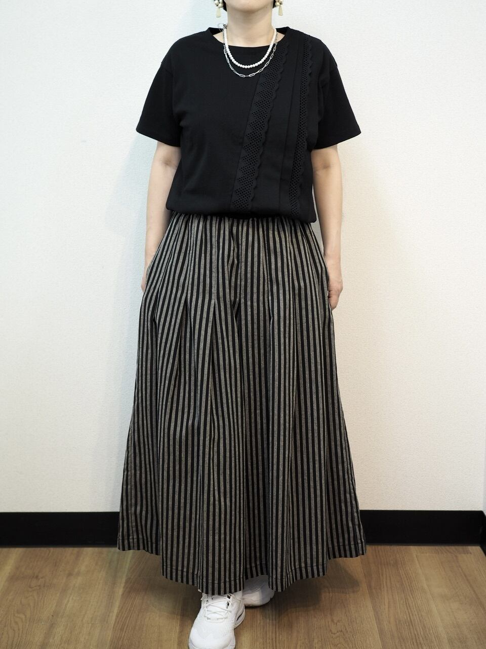ストライプワイドパンツ <ブラック>