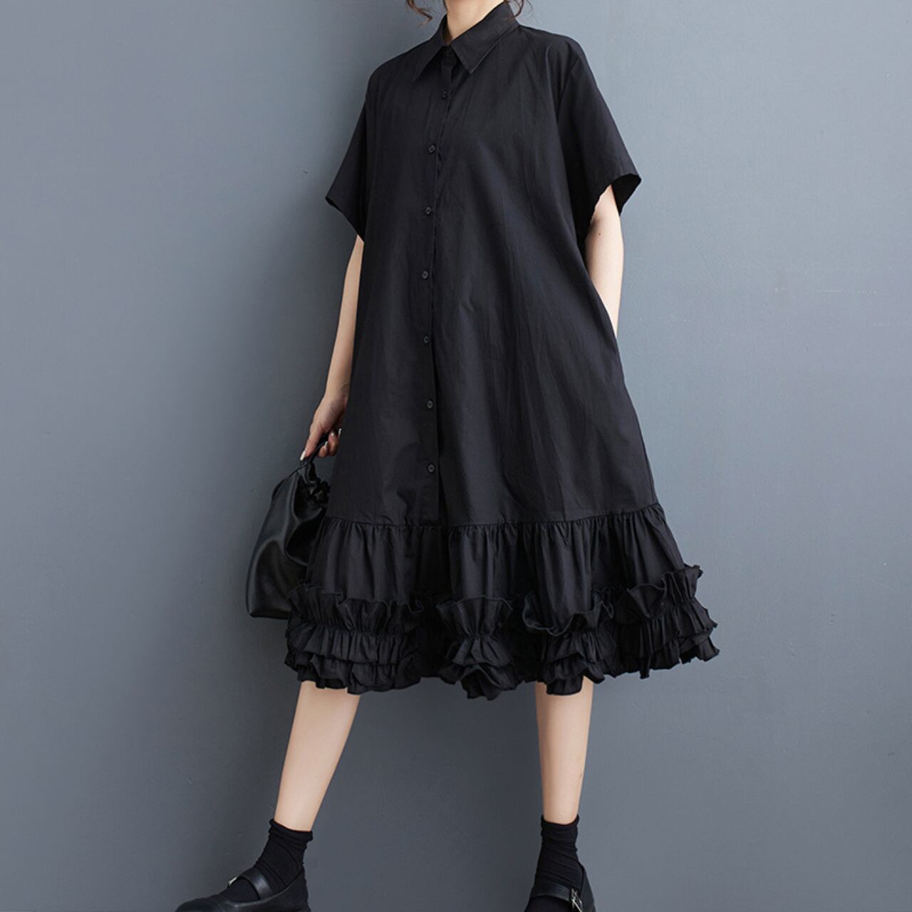 ルーズデザインプリーツステッチミディドレス R0299