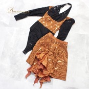 社交ダンス 衣装 ラテン 上下セット ツーピース セットアップ パーティ衣装 女性用 レディース オールシーズン 黒 Scarlet スカーレット ブラック系 茶色 ブラウン系 スパンコール リボン ファスナー おしゃれ かわいい ストレッチ 結婚式