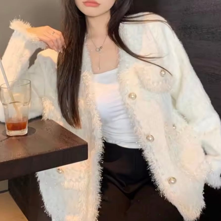 シャイニーツイードファーカーディガン