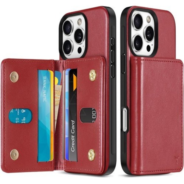 TUCCH iPhone 16Pro 対応 ケース 背面 手帳型 アイフォーン16プロカバー PUレザー RFIDブロッキング 6つポケット 取り外し不可 財布型 TPU素材 滑り止め 衝撃吸収 マグネット開閉 アイフォン16プロ携帯ケース 背面カード収納 2024年発売 6.3インチ 5G あいふぉん16プロ対応 ダークレッド 3672