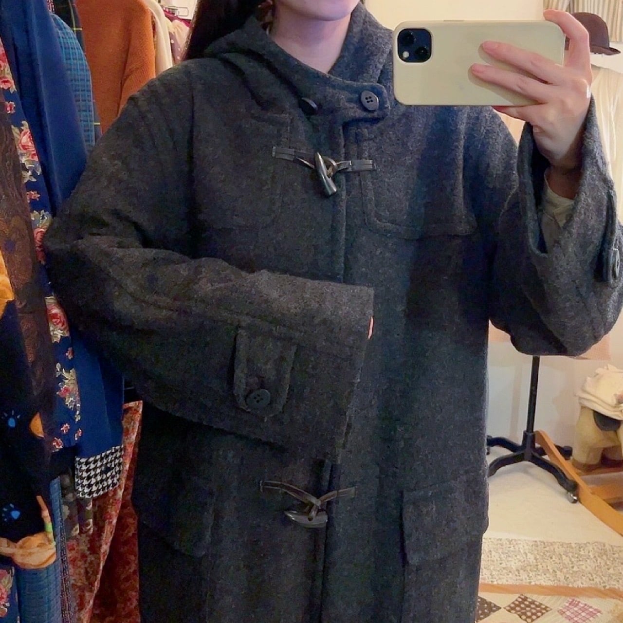 gray big duffle coat