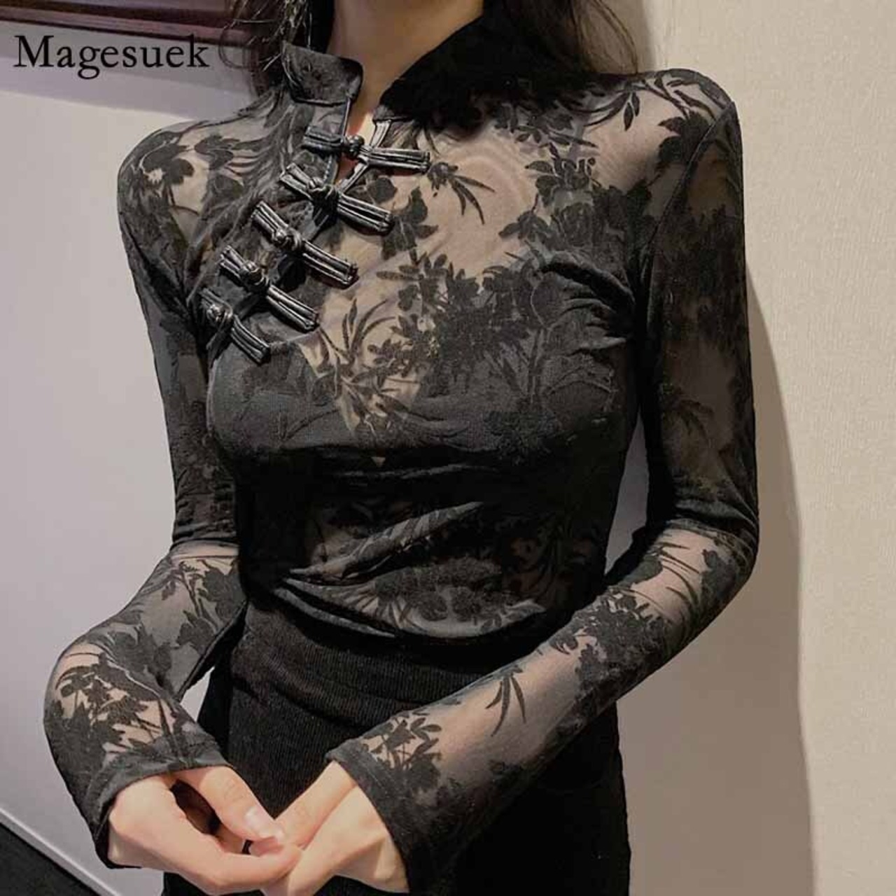 送料無料 タートルネックシースルー女性ブラウススリムブラック長袖 