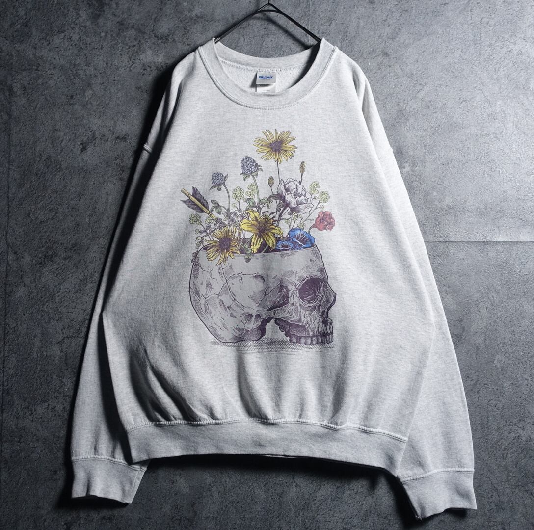 Grey Flower & Skeleton Motif Print Desgin Sweat