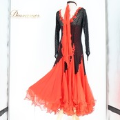 社交ダンス 衣装 セキネ SEKINE スタンダードドレス ワンピース ドレス スタンダード レール フリル 赤 黒 デモ パーティ 発表会 上品 日本製 ブラック系 レッド系 おしゃれ レース調