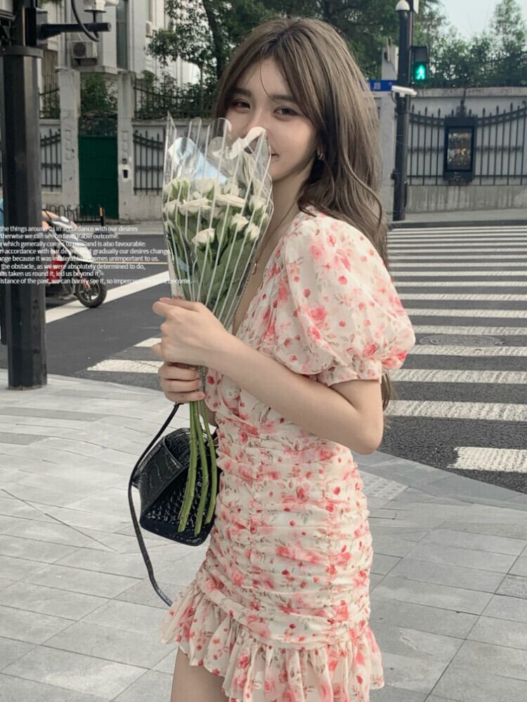 シフォンフローラルドレス スリーブショートスカート サマー半袖 ピンク ハーフスリーブ 夏物 花柄 ブラックストロベリース6990647609