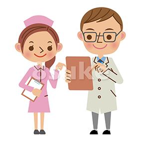 イラスト素材:バインダーを見ながら会話する医者と看護師(ベクター・JPG)