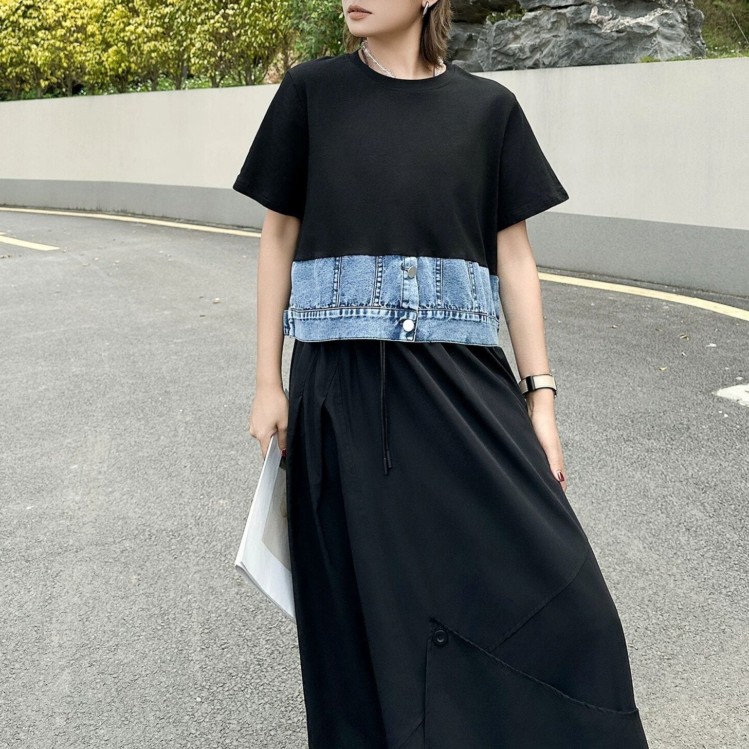DENIM STITCHED HEM ROUND NECK DESIGN T-SHIRT 3colors M-16789