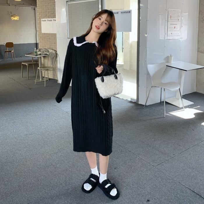 オータムウィンターカラーニットセーター スカート 秋物 冬物 ドレス 1号婦人73907601033