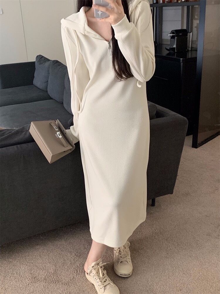 動きやすさとスタイルアップを両立 大人シンプルパーカーワンピース 大きいサイズ 韓国 CH10174