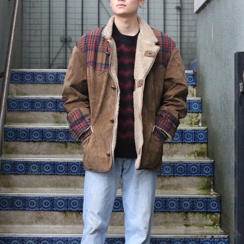 *SPECIAL ITEM* EU VINTAGE CHECK PATTERNED BOA LEATHER JACKET/ヨーロッパ古着チェック柄ボアレザージャケット