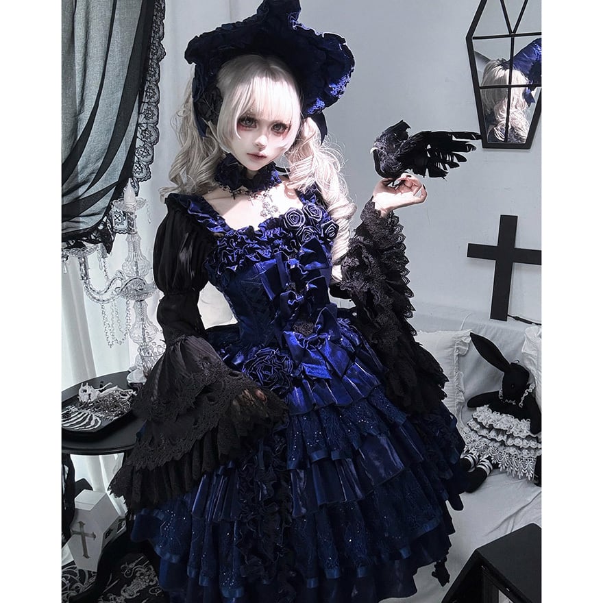 大人ゴシック セットアップ 青薔薇×夜蝶ドレス 姫袖シャツ×JSK｜WithU