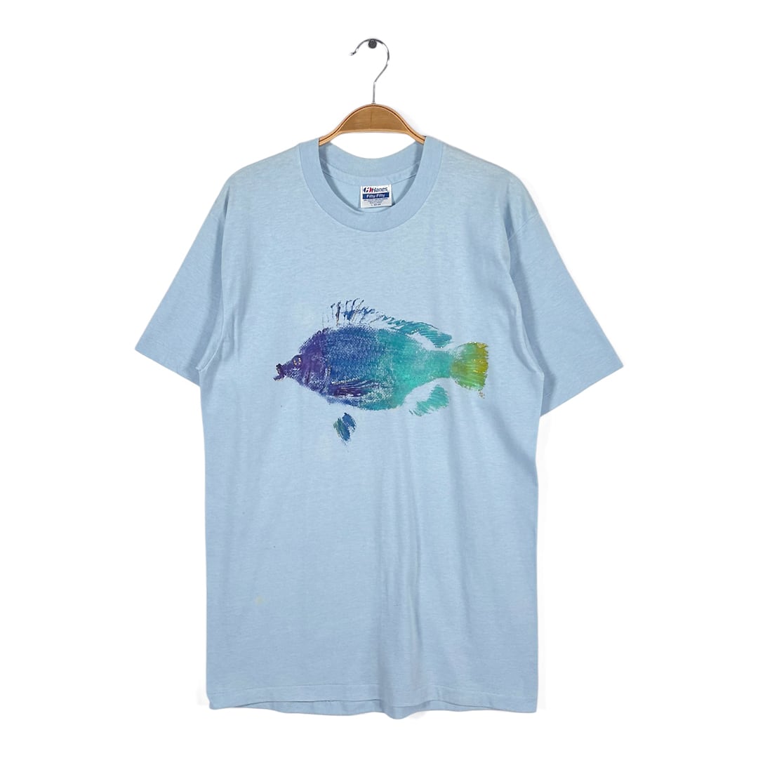 90s 魚拓 USA製 ヴィンテージ Tシャツ フィッシュ ライトブルー シングステッチ ヘインズ HANES サイズL 古着 BZ0529