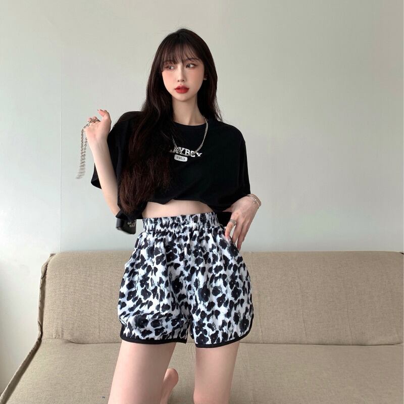 レオパードプリント柄パンツ ハイウェストルーズショーツ サマー薄手カジュアルスタイル 夏物 ブルマー ブラックストロベリース26379151775