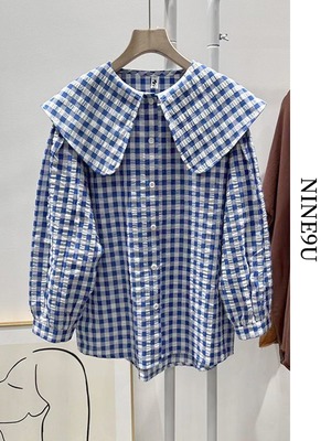 checked big-collar wrinkled blouse【NINE7769】