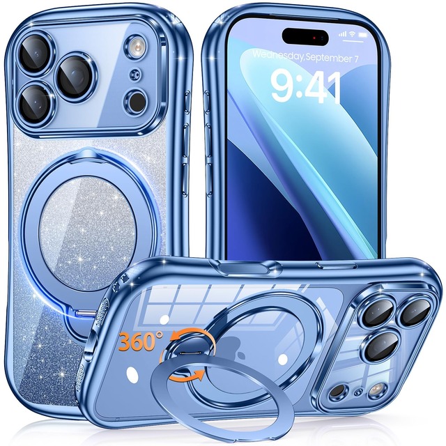iPhone 18 Pro / 17 Pro 用 ケース MagSafe対応 360°回転スタンド ラメ入りシート付き レンズ保護【グレイシャー】