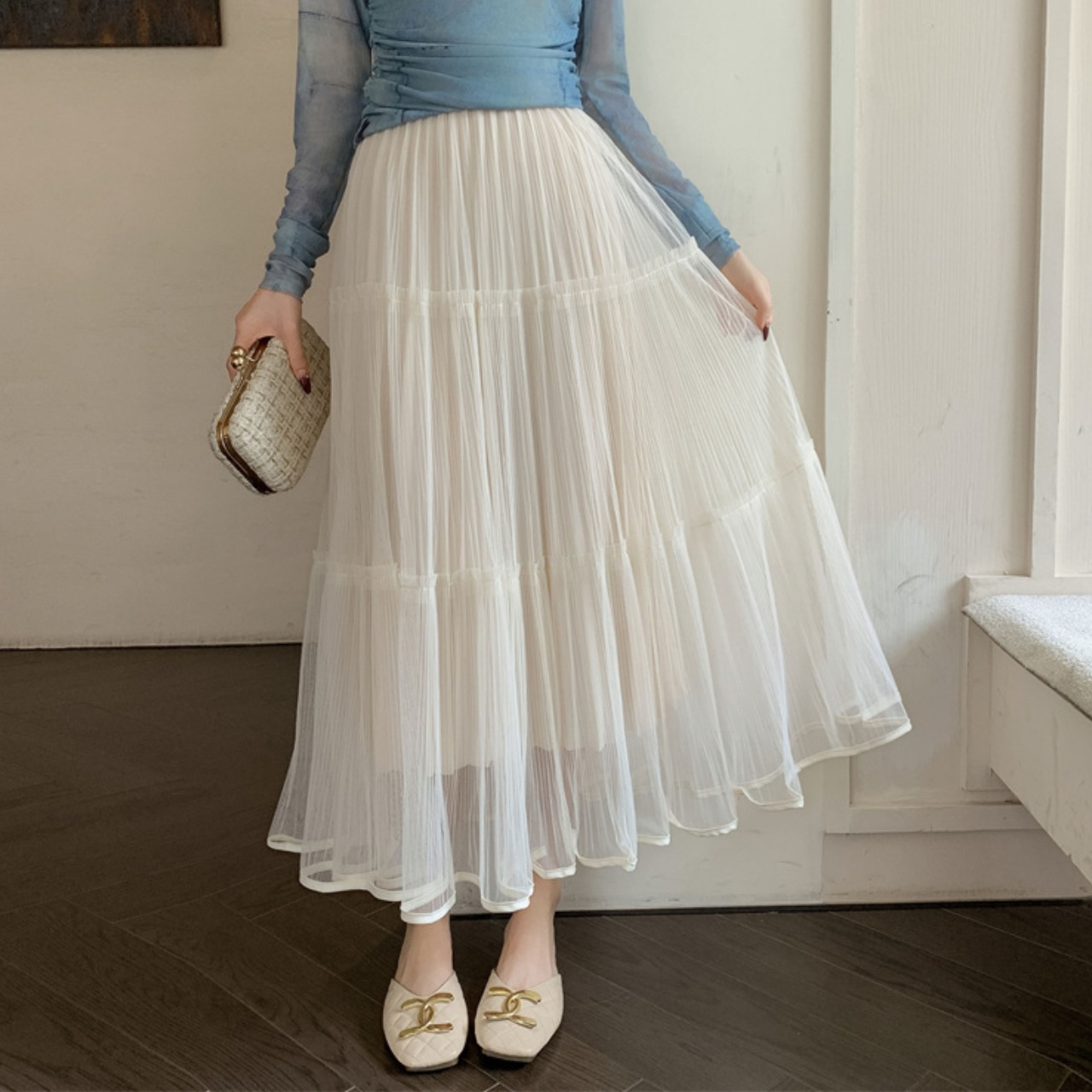 シアー メッシュ プリーツ ティアード スカート 10314