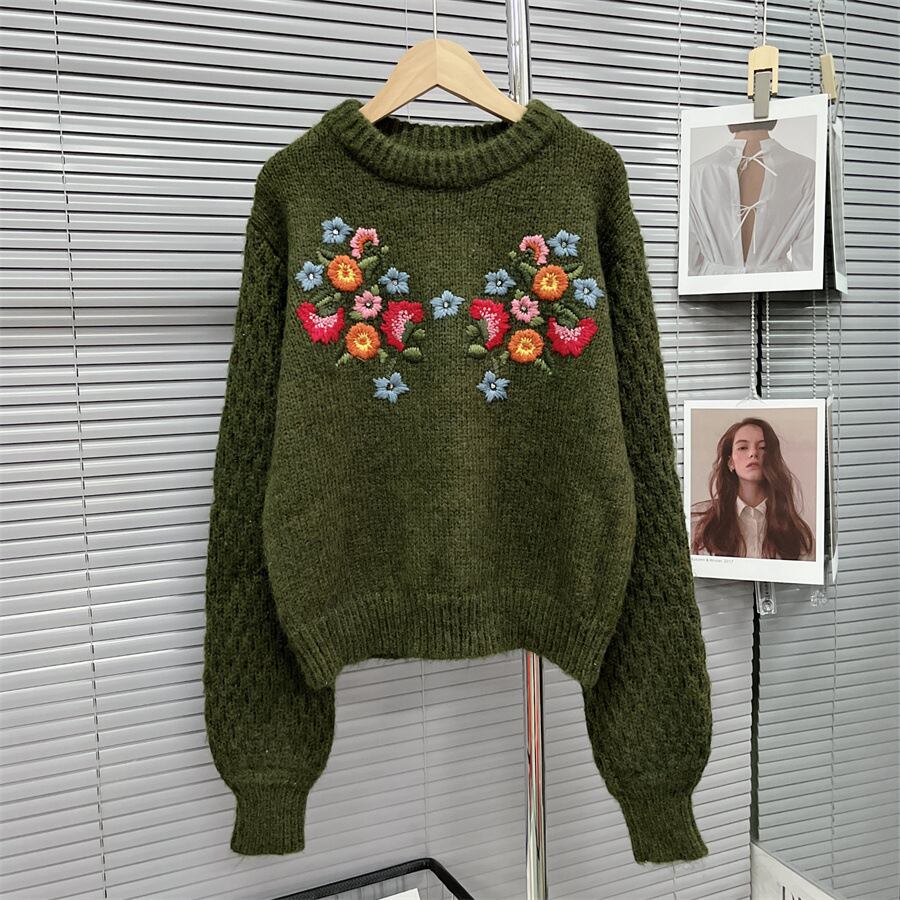 tops】今季マストバイカジュアル刺繍ニットセーター3色合わせやすい M  