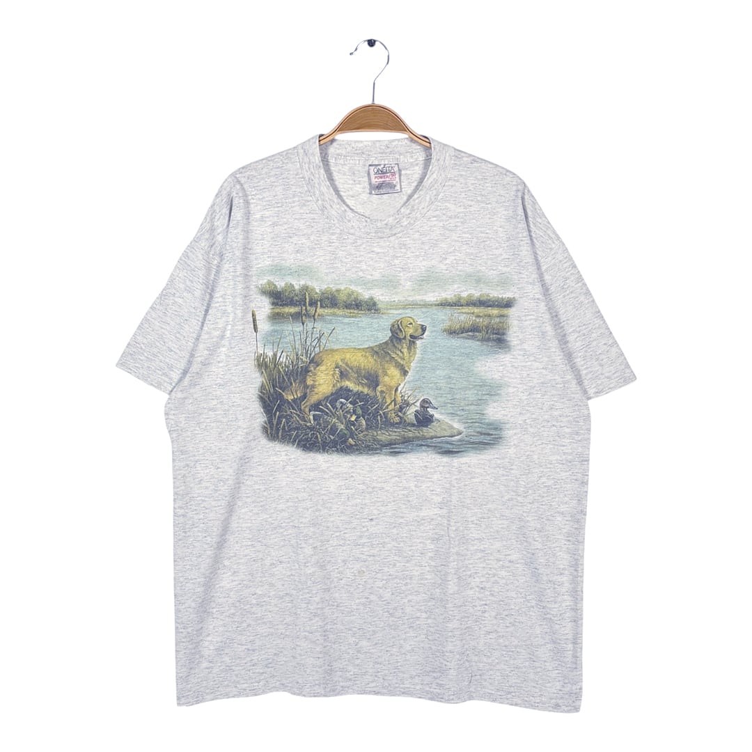 90s ゴールデンリトリバー USA製 ヴィンテージ Tシャツ カモ アニマルプリント シングルステッチ オニータ グレー サイズXL 古着 BZ0590