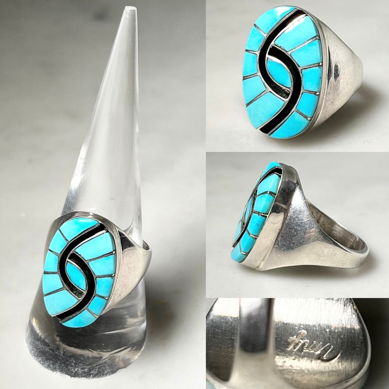 AMY WESLEY silver inlay ring set with turquoise " humming bird "