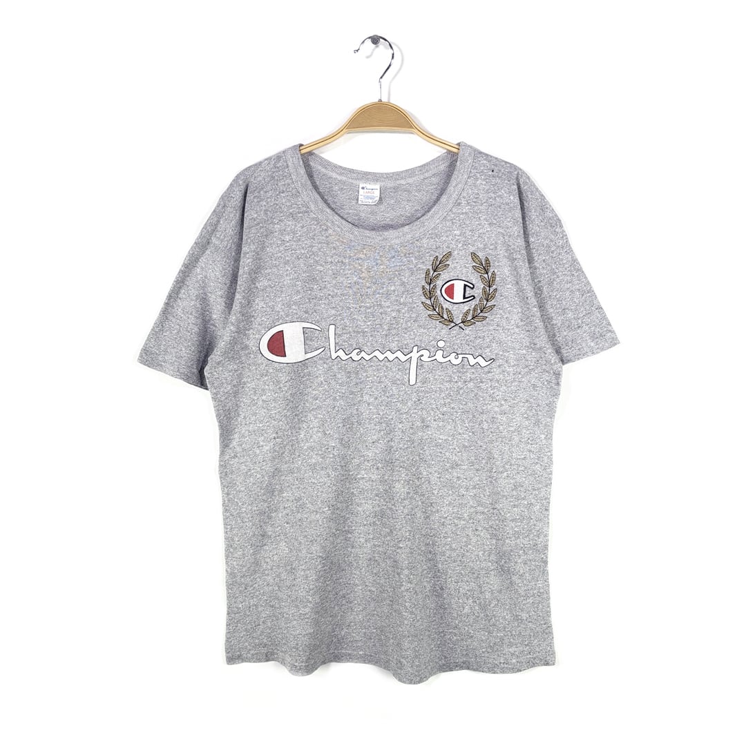 80s チャンピオン USA製 ヴィンテージTシャツ 88/12 トリコタグ エンブレム刺繍 霜降りグレー CHAMPION メンズL 古着 @BD0050