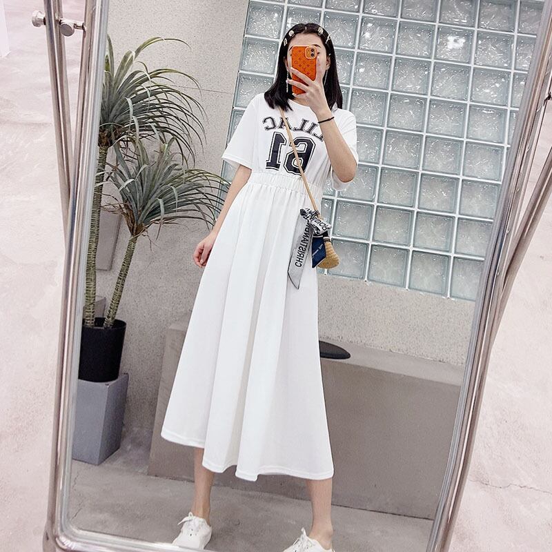 カジュアルスカート サマーラウンドネックストレッチウェスト エラスティック 伸縮 大きめサイズ 夏物 Oネック ミックスインファッション96423566177