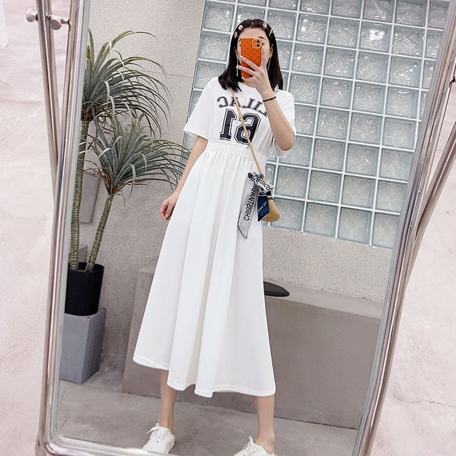 カジュアルスカート サマーラウンドネックストレッチウェスト エラスティック 伸縮 大きめサイズ 夏物 Oネック ミックスインファッション96423566177