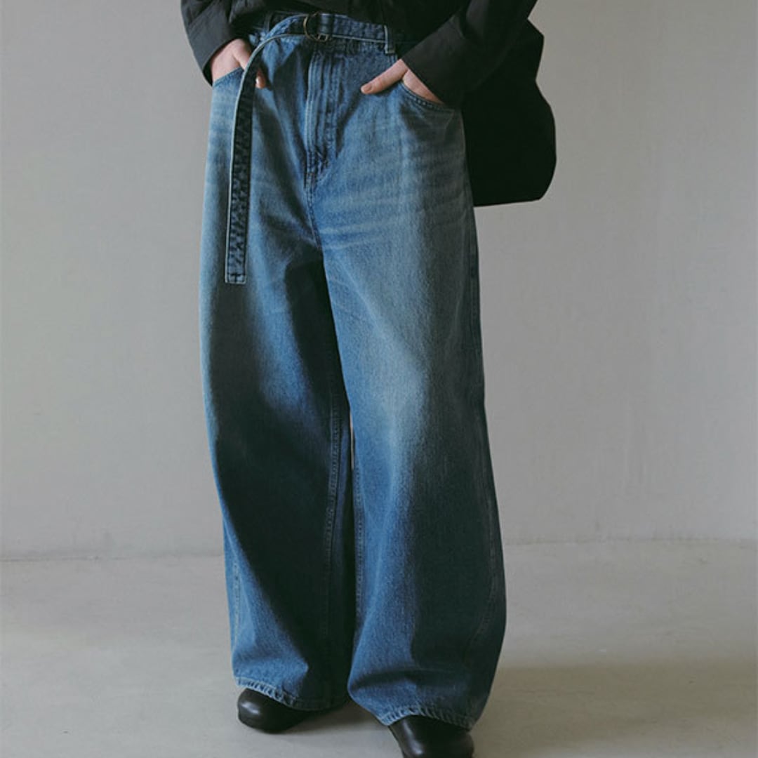 Belted loose straight denim pants G1106