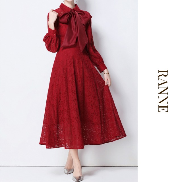 Lace Ribbon Dress - Bordeaux　a0009