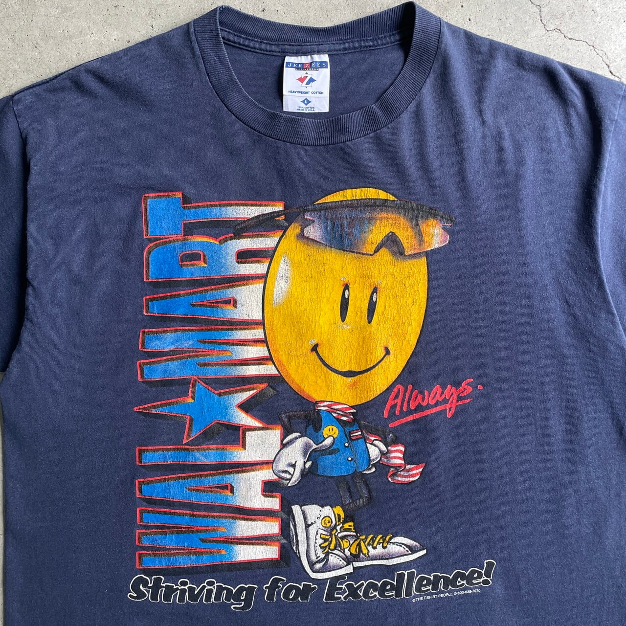 90年代 USA製 WALMART スマイル ニコちゃん 企業ロゴ アドバタイジングTシャツ メンズL 古着 90s ヴィンテージ ビンテージ  両面プリント バックプリント ネイビー 紺色 【Tシャツ】【FSS2308-30】 | cave 古着屋【公式】古着通販サイト