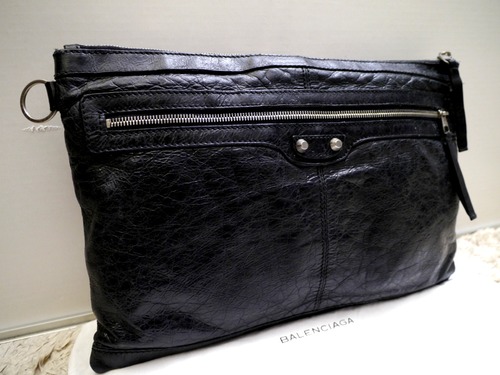 ◆BALENCIAGA バレンシアガ CLIP クリップ A4対応 キーリング付 ラージ ジップケース レザー クラッチ バッグ 黒◆ タブレットケースにも♪