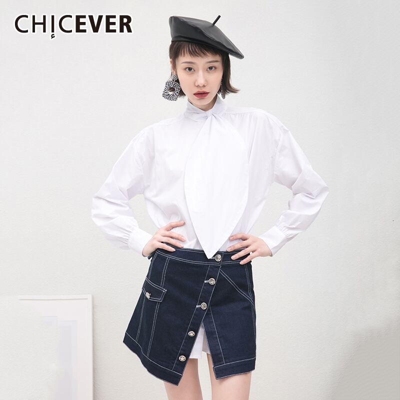 CHICEVERホワイトシャツレディースボウノットスタンドカラーランタン長袖ボウノットルーズオーバーサイズブラウス2020 ロング リボン 6base563809792531